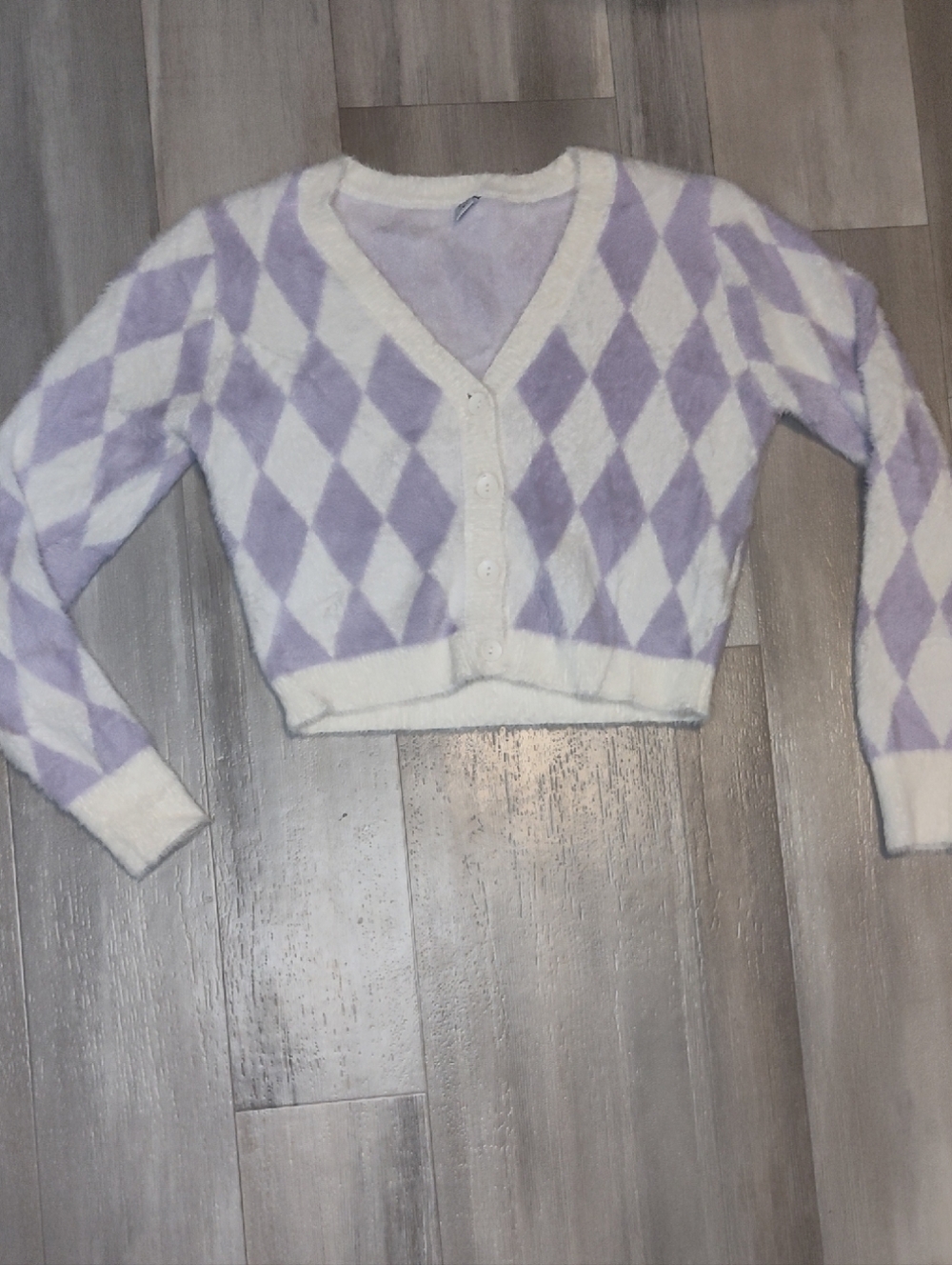 twik Lavender and White Argyle Cropped Cardigan